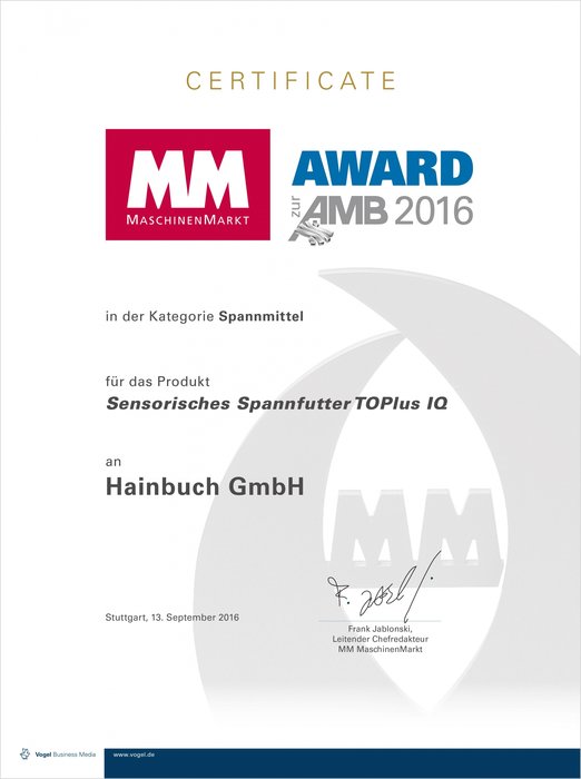 Toplus IQ夹盘在AMB 2016中荣获“MM创新奖”